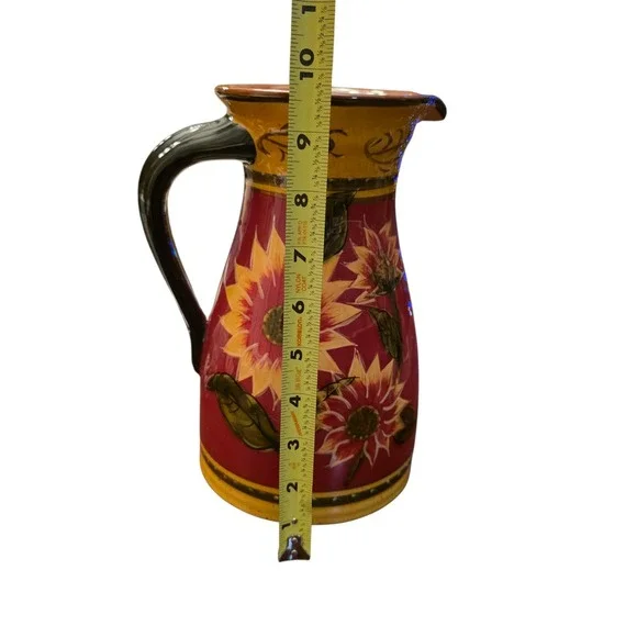 Pier 1 Sunflower‎ Hand Painted Terracotta Carafe Pitcher / Vase Red & Yellow - Picture 6 of 7
